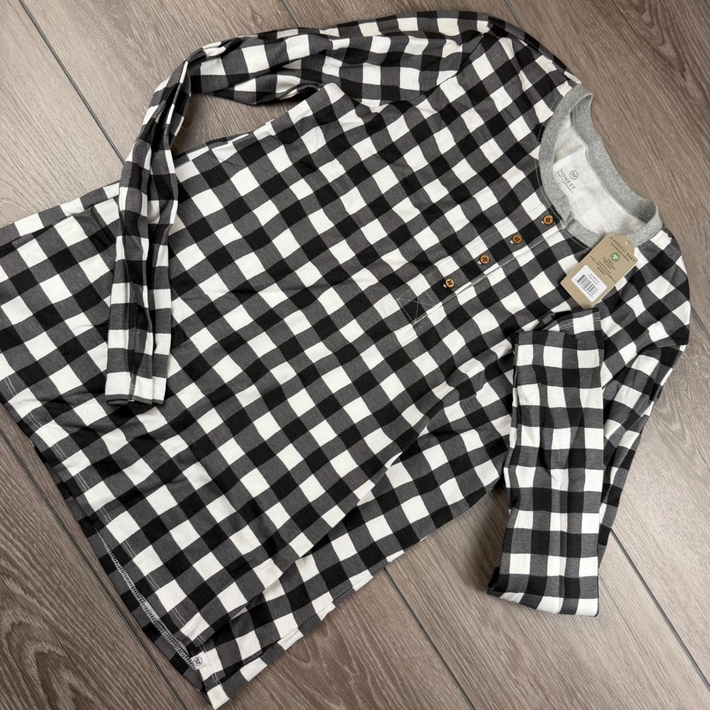Honest Baby Womens Henley Top Organic Cotton Buffalo Plaid Black White Large